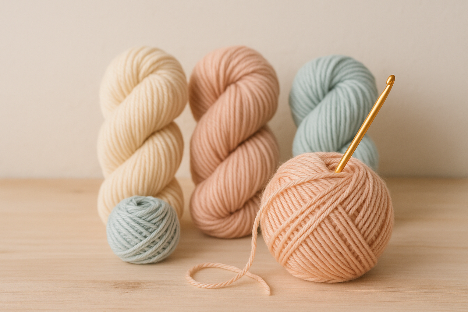 Light and natural background with yarn hanks and balls with a crochet hook in with the yarn